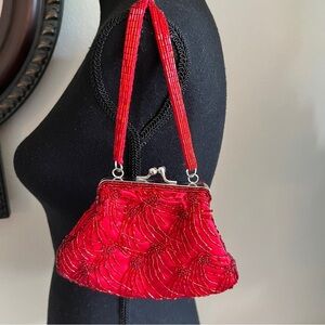La Regale Women's Little Red Hand Beaded Purse Evening Bag Wristlet